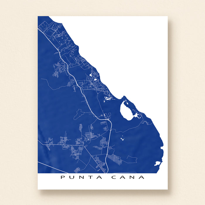 Map of Punta Cana on a blue background with white text
