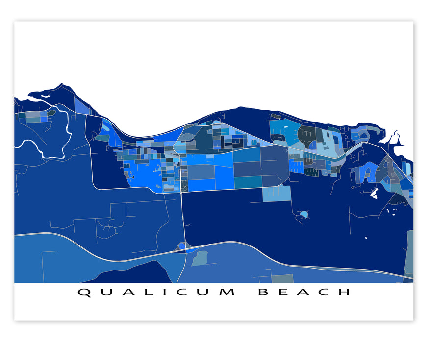 Qualicum Beach, Vancouver Island BC Canada map print poster with a blue geometric design by Maps As Art.