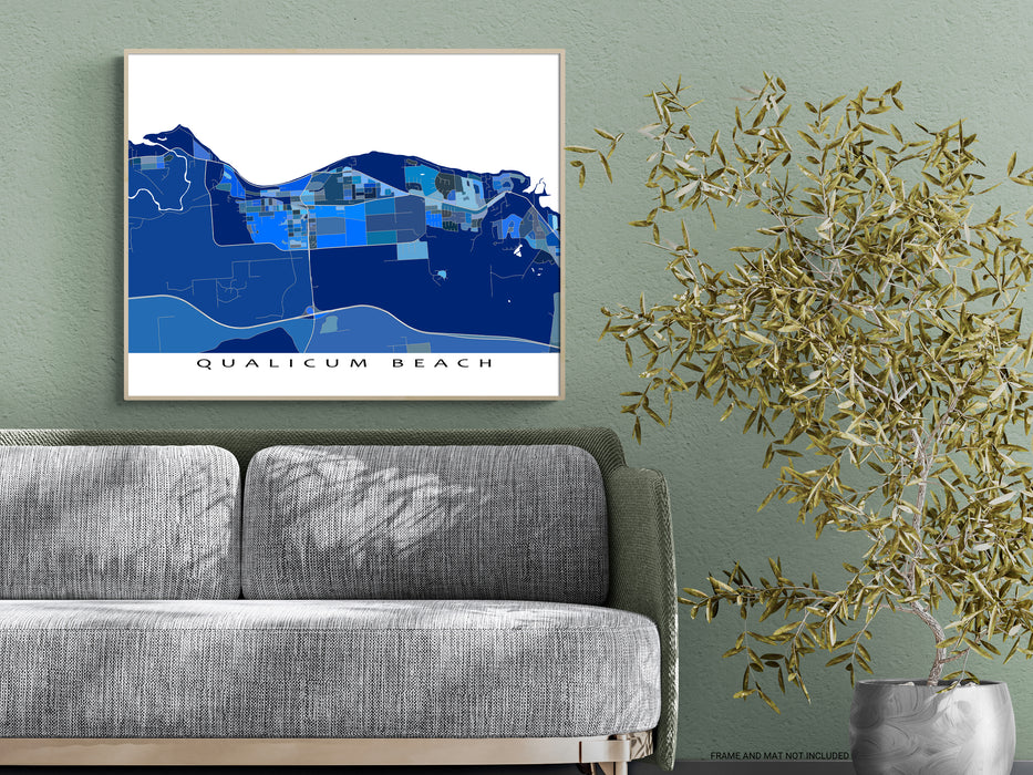Qualicum Beach, Vancouver Island BC Canada map print poster with a blue geometric design by Maps As Art.