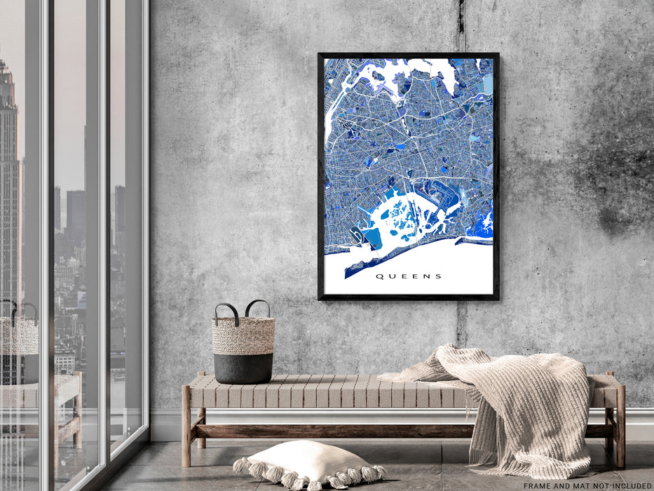 Queens, New York City map art print in blue shapes designed by Maps As Art.
