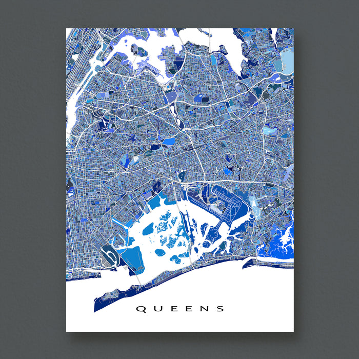 Map of Queens, New York City on a dark gray background