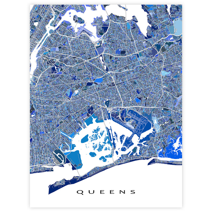 Map of Queens with blue and gray color scheme on a white background