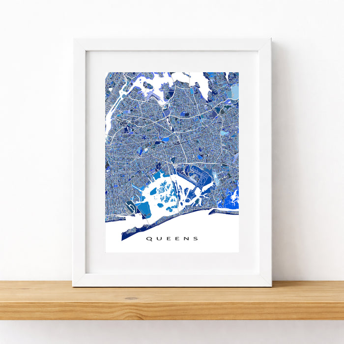 Framed map of Queens on a white background