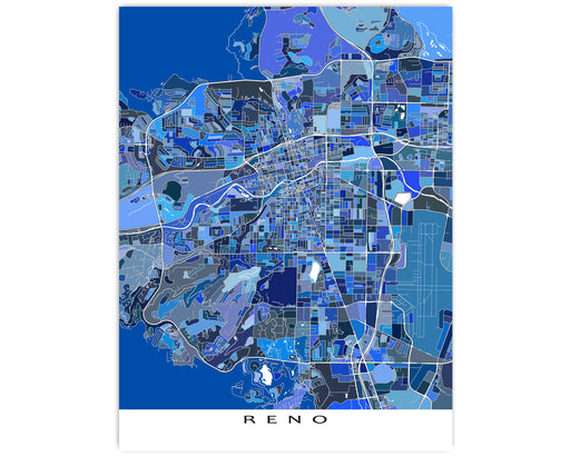 Reno, Nevada map art print in blue shapes designed by Maps As Art.
