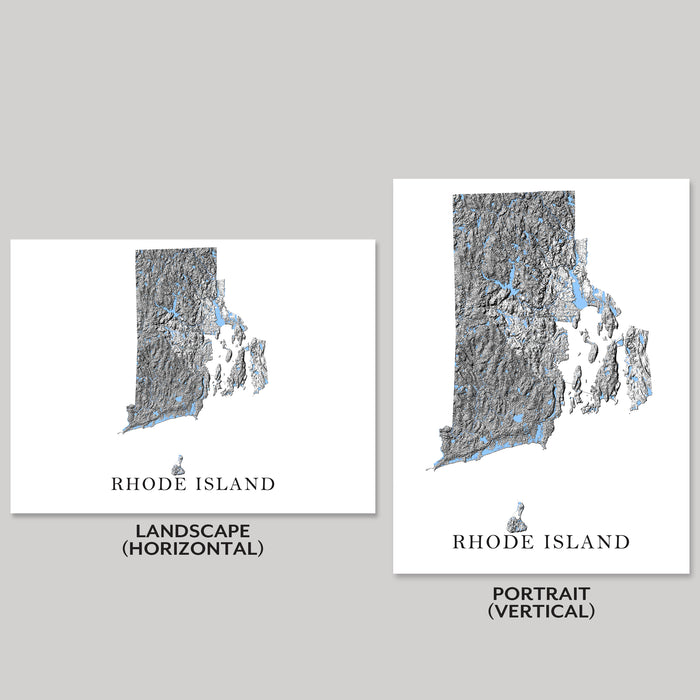 Two maps of Rhode Island, one landscape and one portrait, on a gray background.