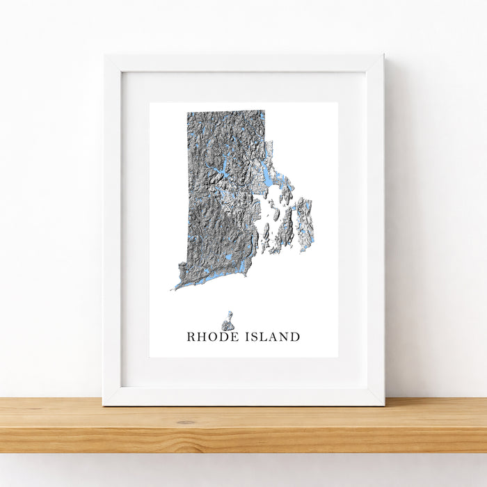 Framed map of Rhode Island on a white background