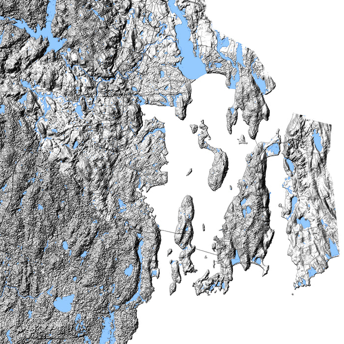 Topographic map with elevation shading and blue water bodies
