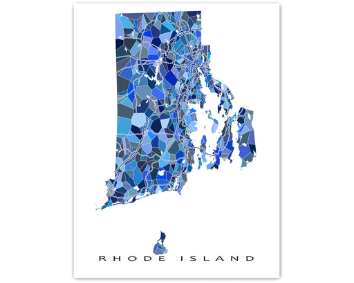 Rhode Island state map art print in blue shapes designed by Maps As Art.
