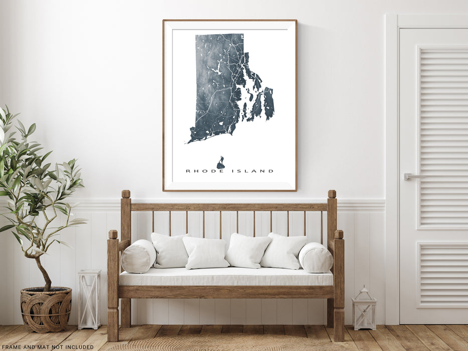 Rhode Island state map print with natural landscape and main roads designed by Maps As Art.