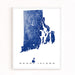 Map of Rhode Island in blue on a white background