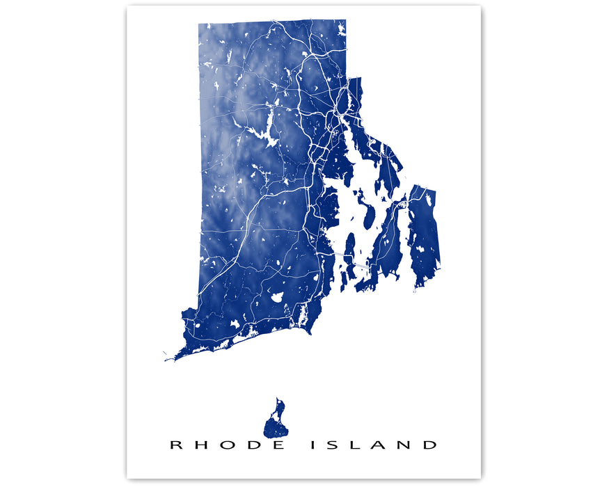 Rhode Island state map print with natural landscape and main roads designed by Maps As Art.