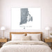 Framed map of Rhode Island above a bed in a bedroom setting