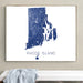 Framed map of Rhode Island on a wall above a white bench.