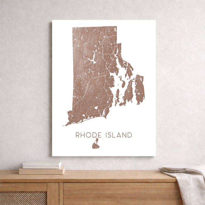 Map of Rhode Island on a white background above a wooden surface.