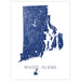 Map of Rhode Island in blue on a white background