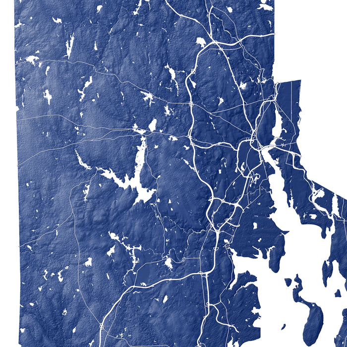 Topographic map with roads and water bodies in blue and white