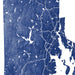 Topographic map with roads and water bodies in blue and white