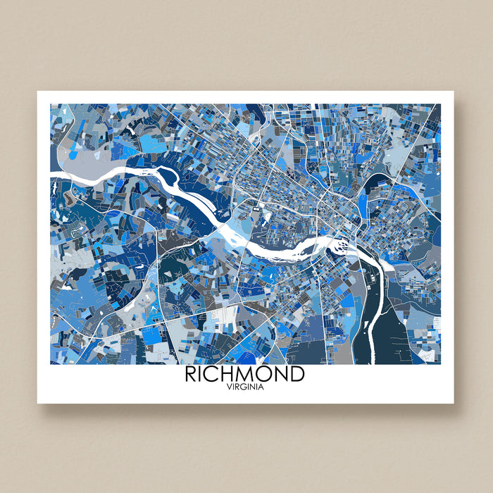 Map of Richmond, Virginia in blue and gray tones on a beige background