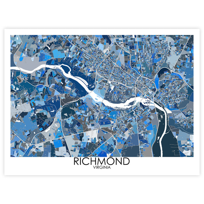 Map of Richmond, Virginia in blue and gray tones on a white background