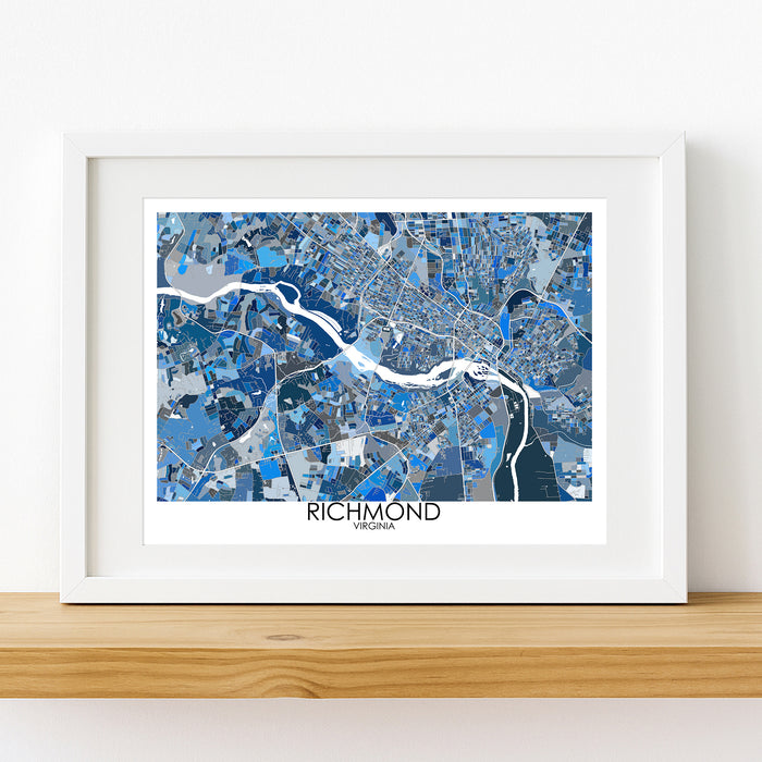Framed map of Richmond, Virginia on a white wall.