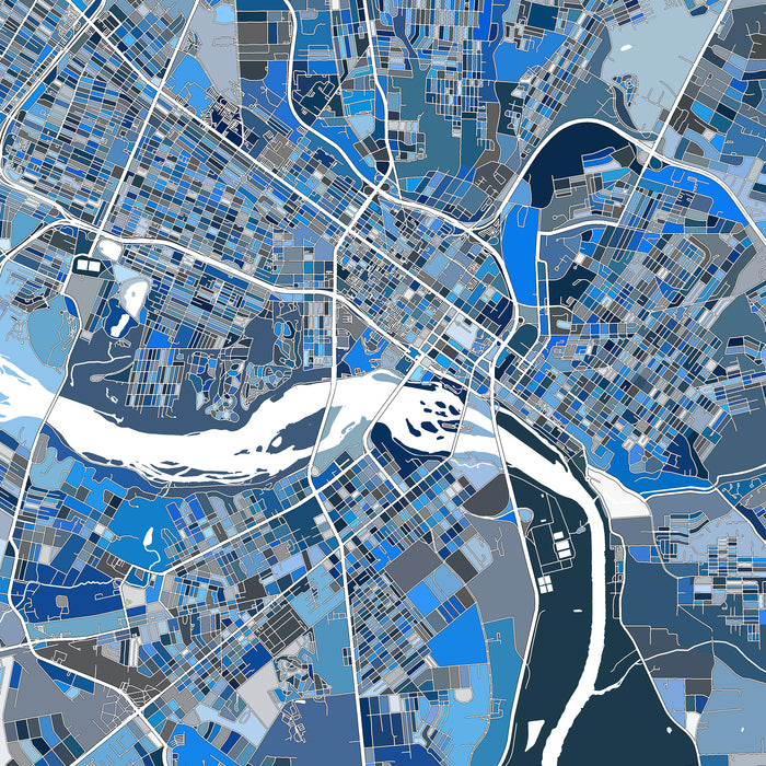 Map of a city with blue and gray color coding