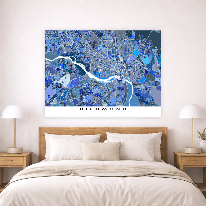 Map of Richmond on a wall above a bed in a bedroom setting