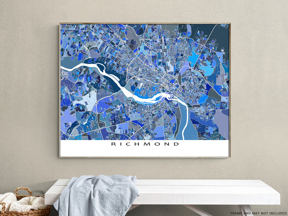Richmond, Virginia map art print in blue shapes designed by Maps As Art.