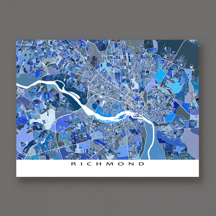 Map of Richmond in blue tones on a gray background