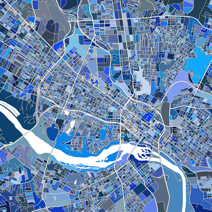 Colorful map of a city layout with roads and boundaries.
