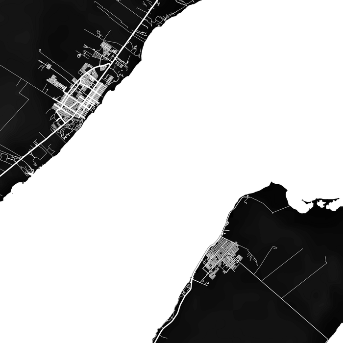 Black and white topographic map of a coastal area