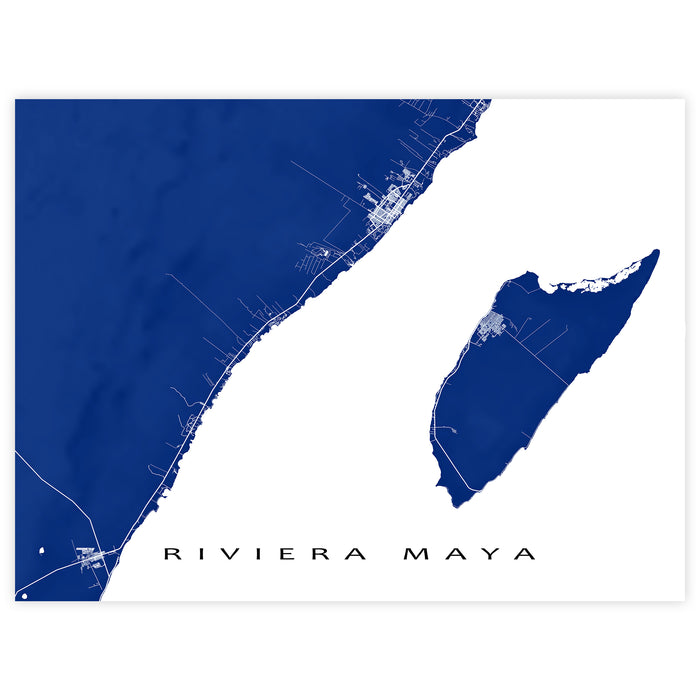 Map of Riviera Maya with blue and white colors on a white background
