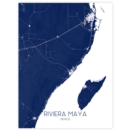 Map of Riviera Maya, Mexico with a blue and white color scheme.
