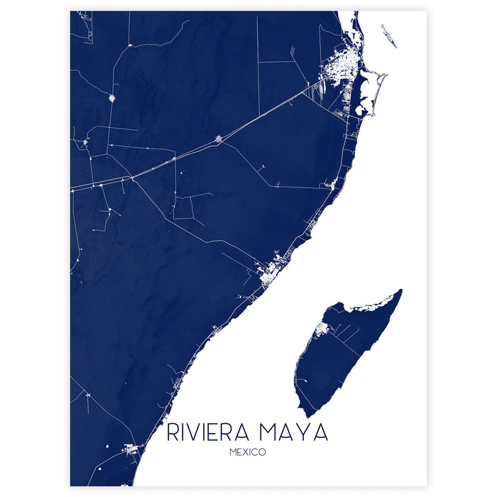 Map of Riviera Maya, Mexico with a blue and white color scheme.