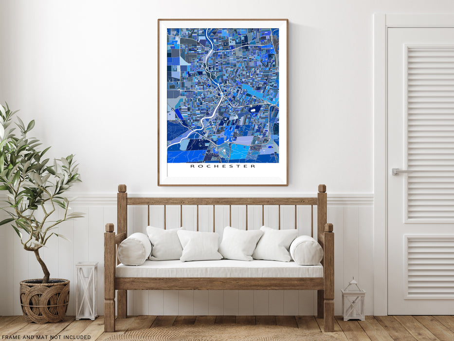 Rochester, New York map art print in blue shapes designed by Maps As Art.