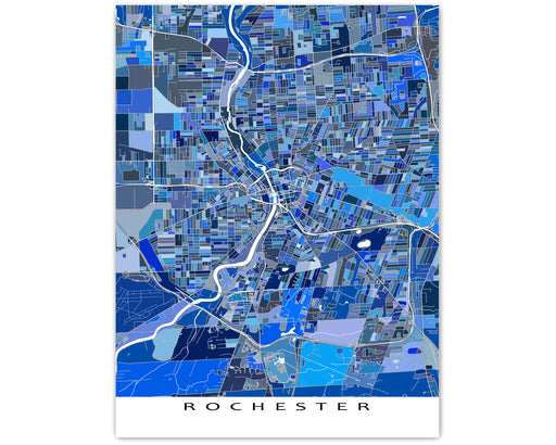 Rochester, New York map art print in blue shapes designed by Maps As Art.