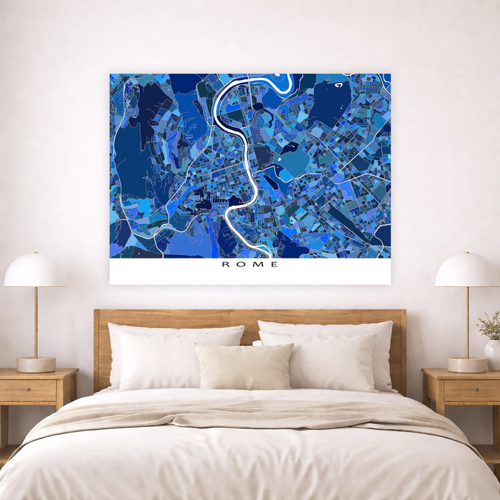Rome Italy Map Print: Blue Geometric City Street Wall Art Poster with Vatican City