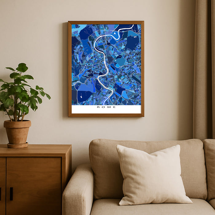 Rome Italy Map Print: Blue Geometric City Street Wall Art Poster with Vatican City