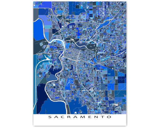 Sacramento, California map art print in blue shapes designed by Maps As Art.