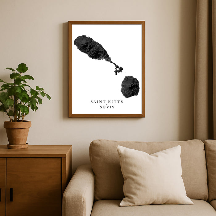 Framed artwork of Saint Kitts and Nevis on a wall above a sofa with a plant beside it.