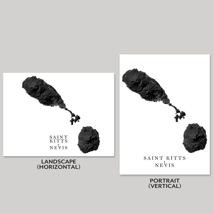 Two black and white maps of Saint Kitts and Nevis on a gray background.