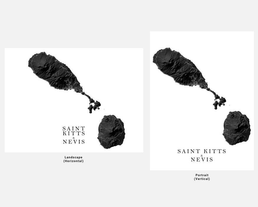 Saint Kitts and Nevis islands map print with a black and white topographic landscape design by Maps As Art.