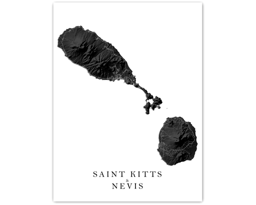 Saint Kitts and Nevis islands map print with a black and white topographic landscape design by Maps As Art.