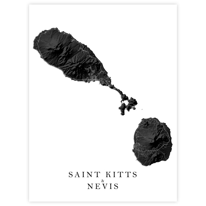 Map of Saint Kitts and Nevis in black on a white background