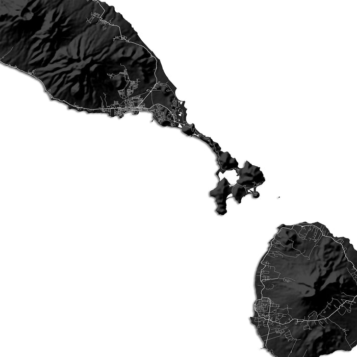 Topographic map of an island with roads and terrain details.