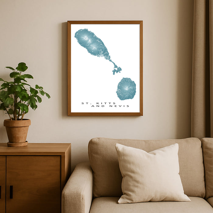 Framed map of St. Kitts and Nevis on a wall above a sofa with a plant beside it.