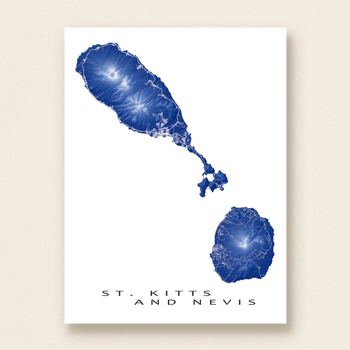 Map of St. Kitts and Nevis in blue on a white background