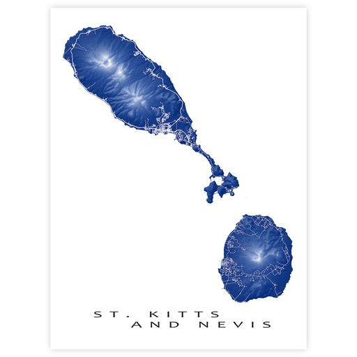 Map of St. Kitts and Nevis in blue on a white background
