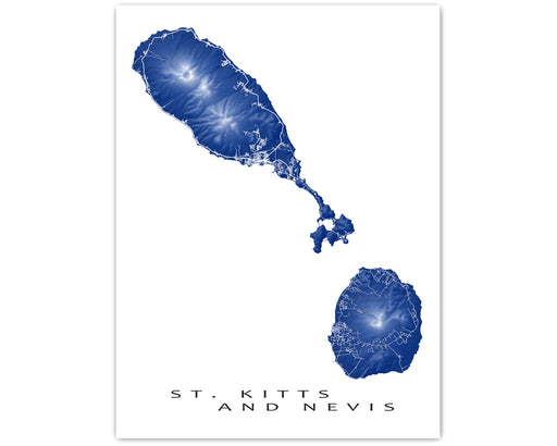 St. Kitts and Nevis map print with natural island landscape and main roads designed by Maps As Art.