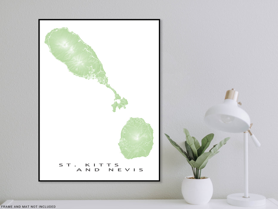 St. Kitts and Nevis map print with natural island landscape and main roads designed by Maps As Art.