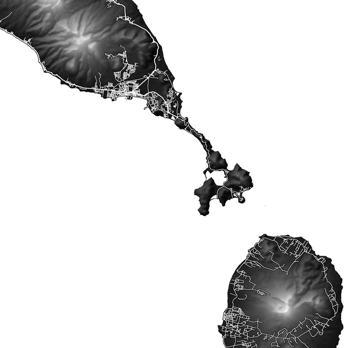 Black and white map of a coastal area with roads and water bodies